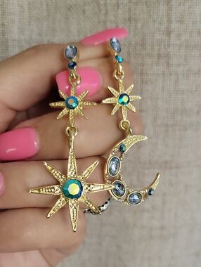 Celestial Gold-Tone Moon & Star Blue Crystal Drop Earrings